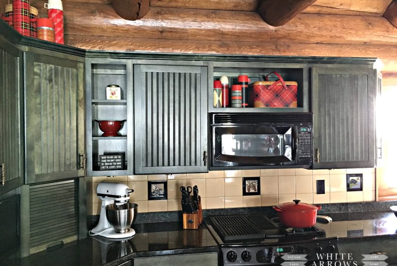 green cabinets-kitchen-thermos-log home