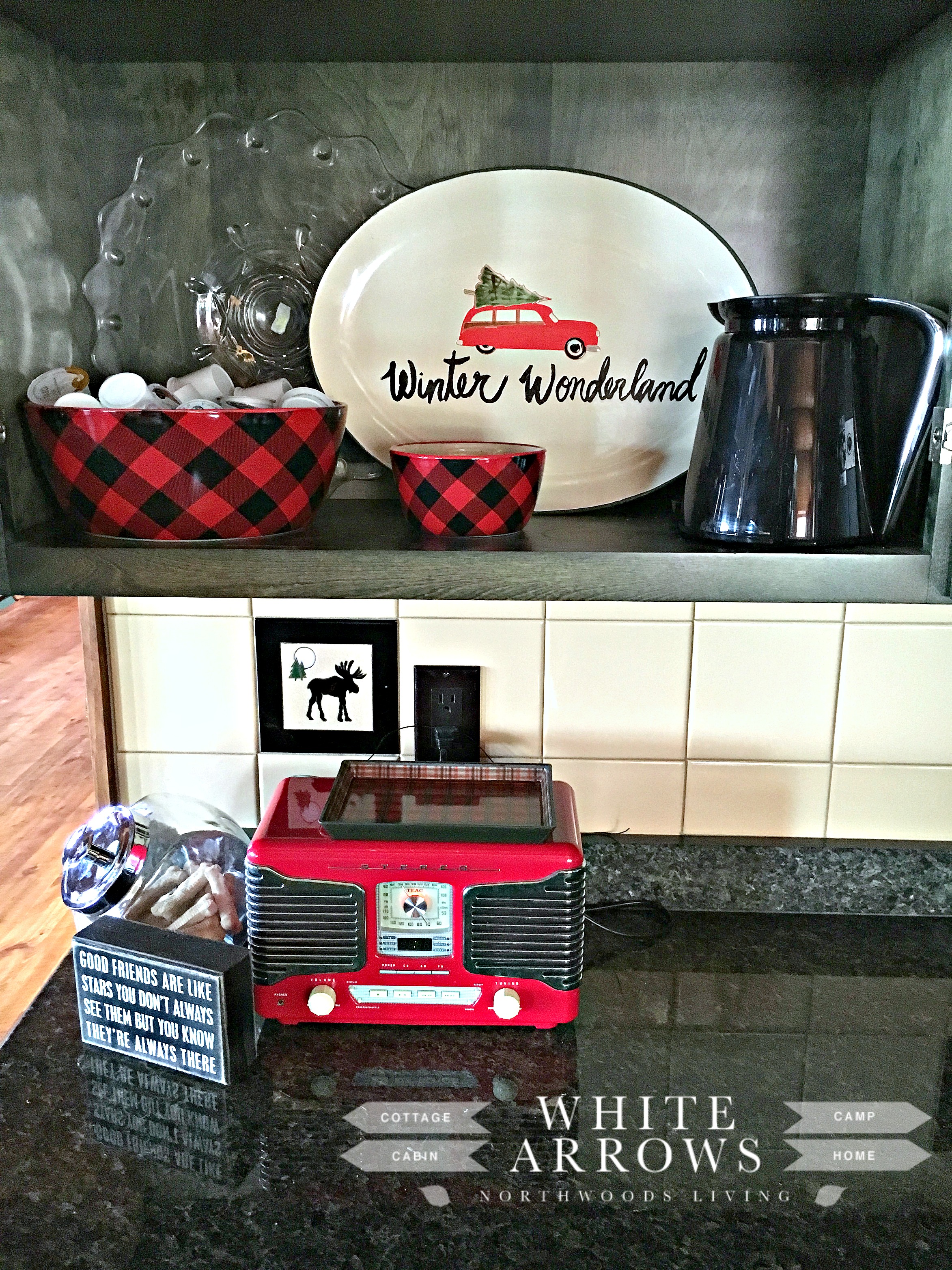 red radio-kitchen-log home