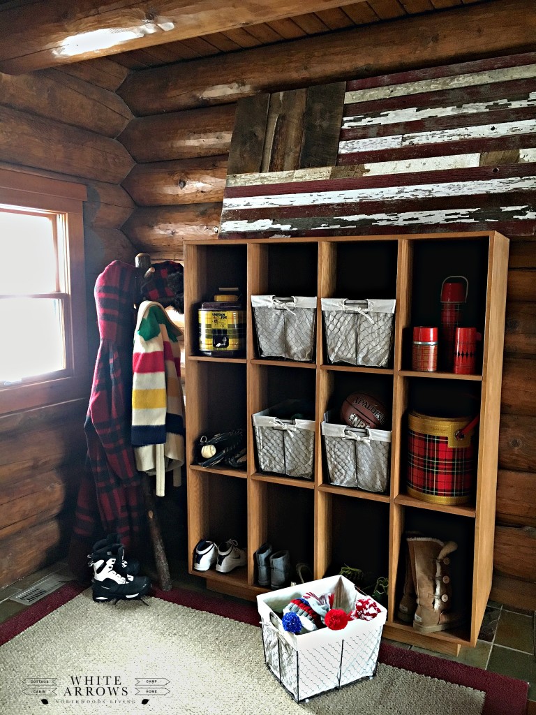 mudroom, log home, entry way, cubbies, pendelton, Hudson Bay, wire baskets, vintage, woolwich, vintage thermos, barn wood