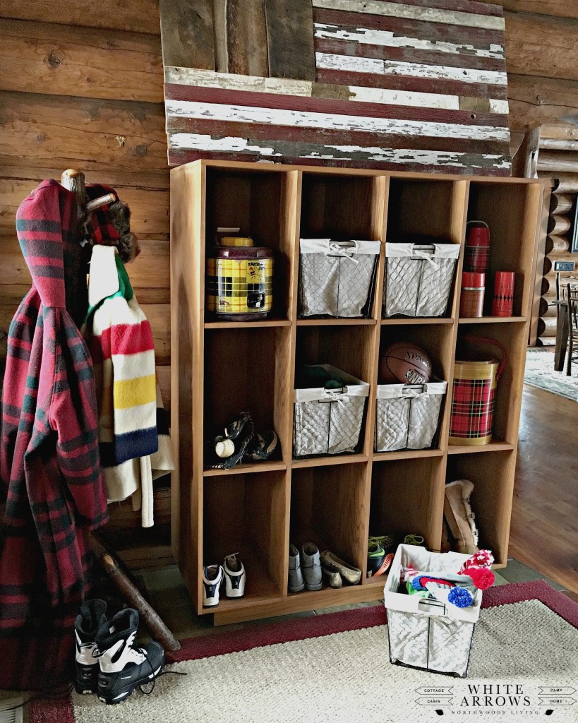 mudroom, log home, entry way, cubbies, pendelton, Hudson Bay, wire baskets, vintage, woolwich, vintage thermos, barn wood