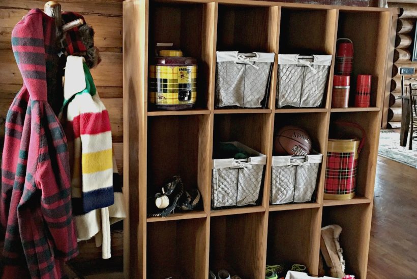 mudroom, log home, entry way, cubbies, pendelton, Hudson Bay, wire baskets, vintage, woolwich, vintage thermos, barn wood