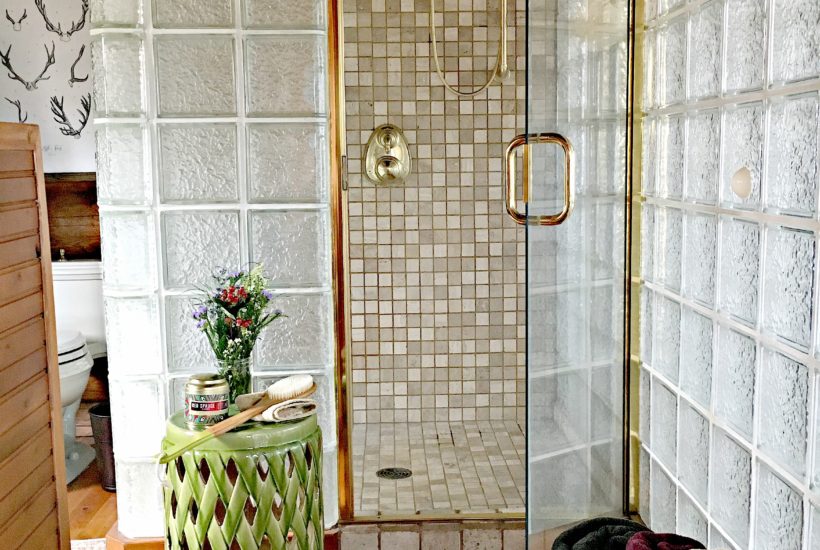 Master Bathroom, Bathroom, Tiled Shower, Shower Stool, Antler Print, Painted Fox Home, Log Home, Log Cabin, Glass Block Wall