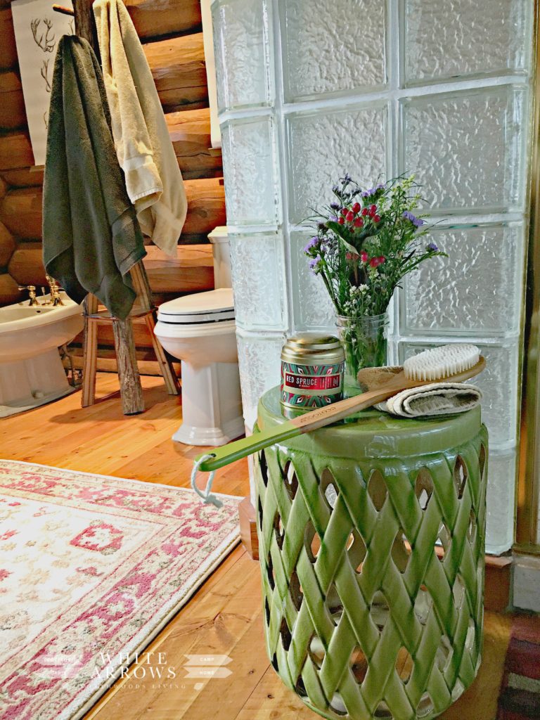 Master Bathroom, Bathroom, Tiled Shower, Shower Stool, Antler Print, Painted Fox Home, Log Home, Log Cabin