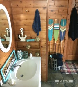 nautical, before and after, paddles, painted paddles, log cabin, bathroom, camp style, cabin style, cabin decor