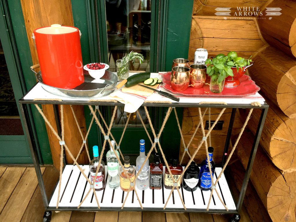 bar cart, log home, vintage bar