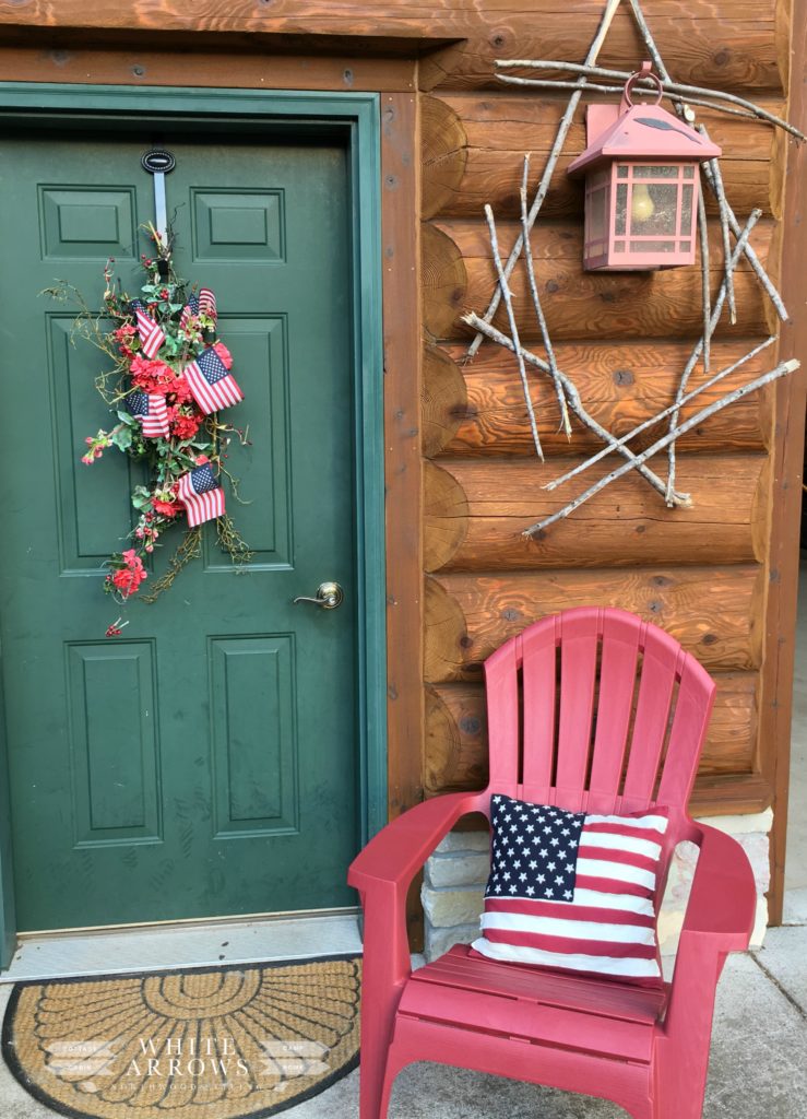 adirondack chair, american flag, garage