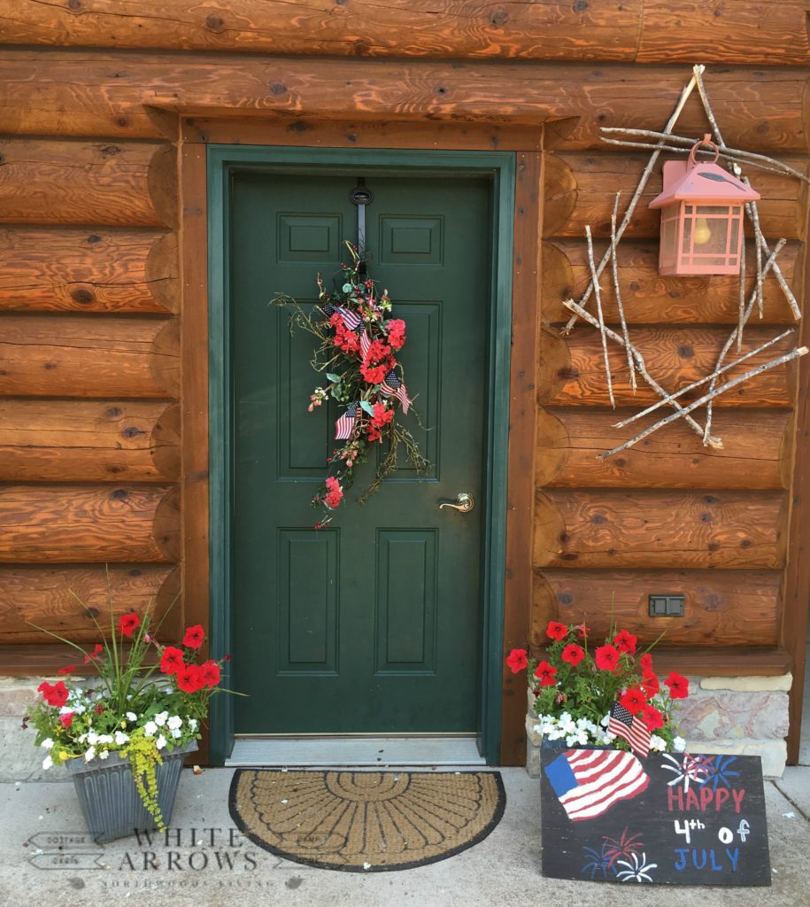 adirondack chair, american flag, garage