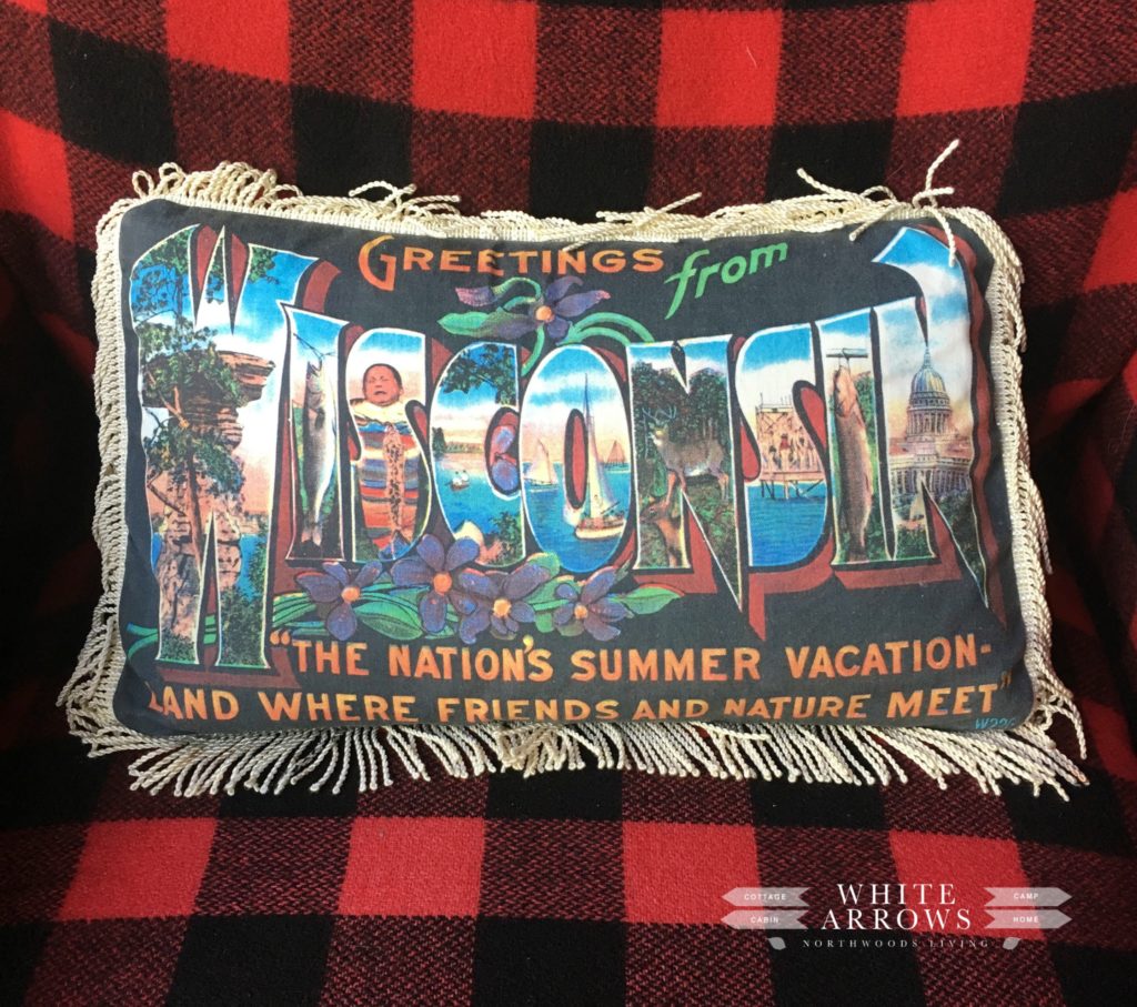 Wisconsin vacation, postcard pillow, buffalo plaid