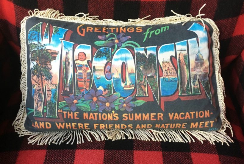 Wisconsin vacation, postcard pillow, buffalo plaid