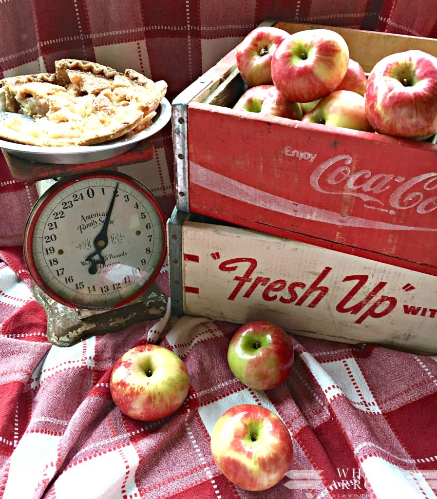 vintage scale, coca cola crate, apples