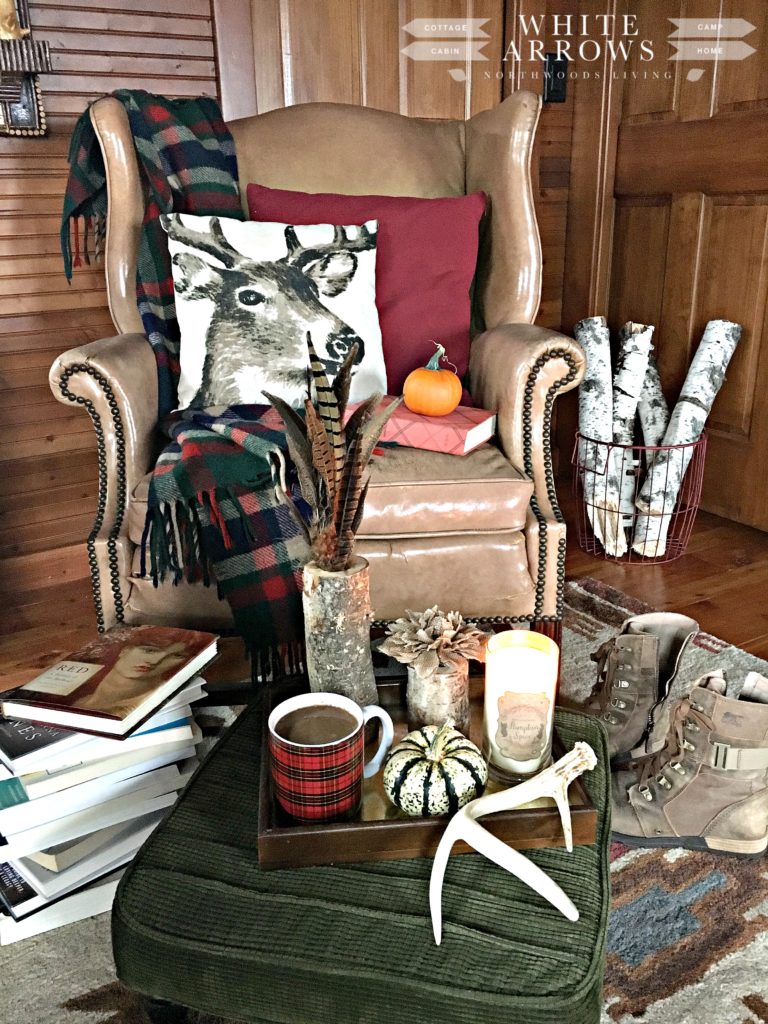 Antler decor, deer decor, plaid, birch , leather chair, log cabin