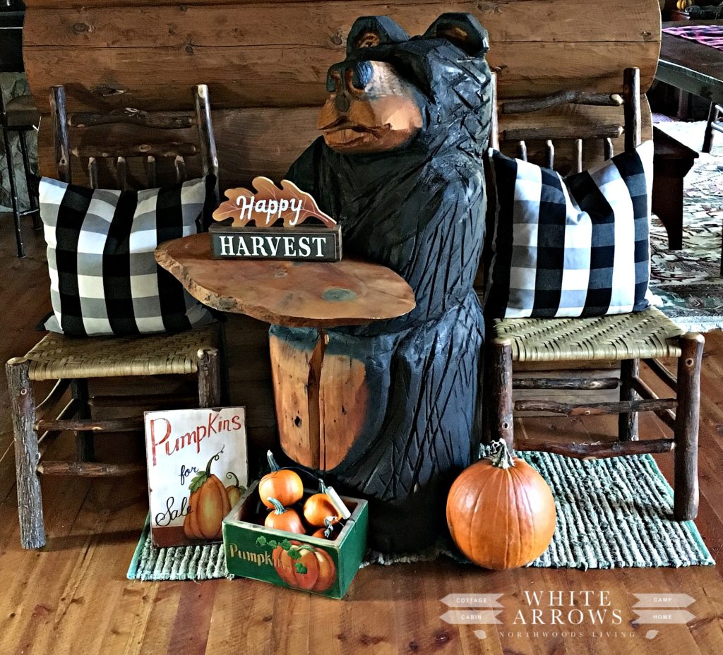bear carving, halloween, pumpkins, fall decor, buffalo plaid