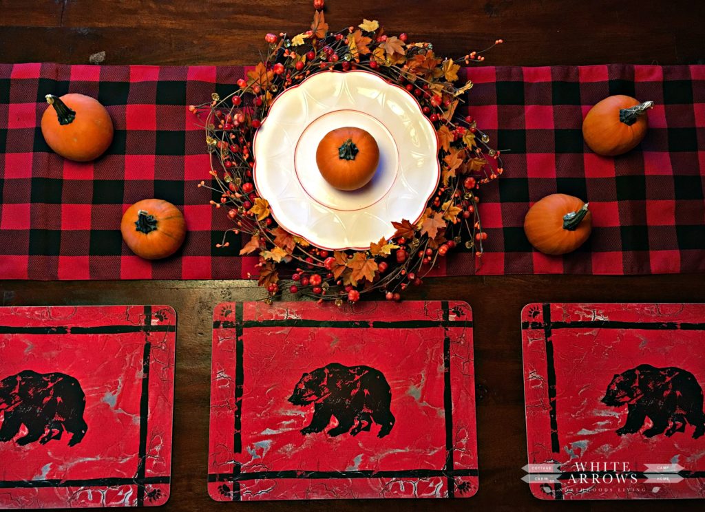 fall table setting, plaid, buffalo plaid, placemats, pumpkins