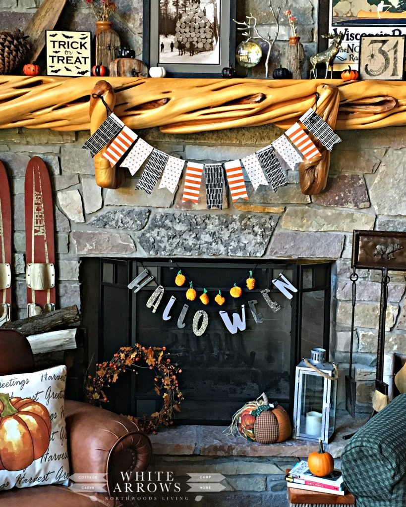 Halloween decor, mantle, stone fireplace