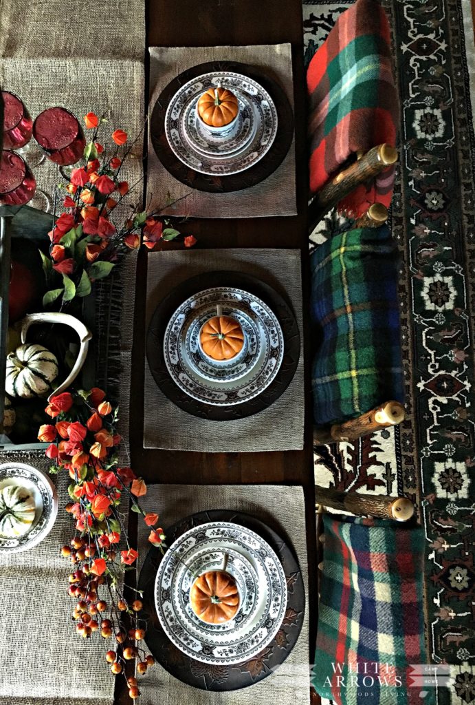 fall table setting, autumn table setting, plaid, burlap, transfer ware