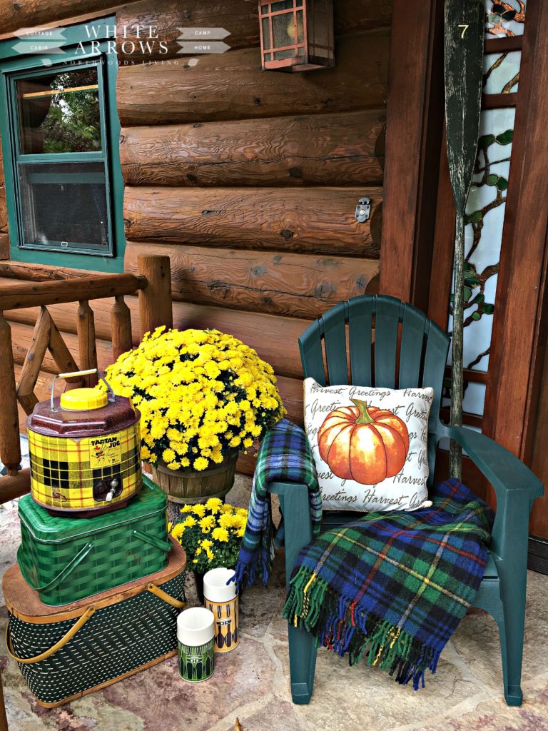 Vintage, cabin, cabin style, cabin decor, Vintage Picnic Baskets, Mums, tartan cooler, adirondack chair, plaid