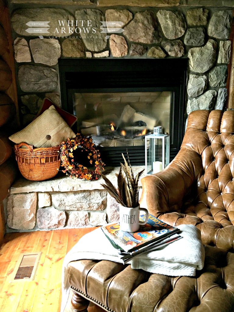 leather chair, stone fireplace, gas fireplace