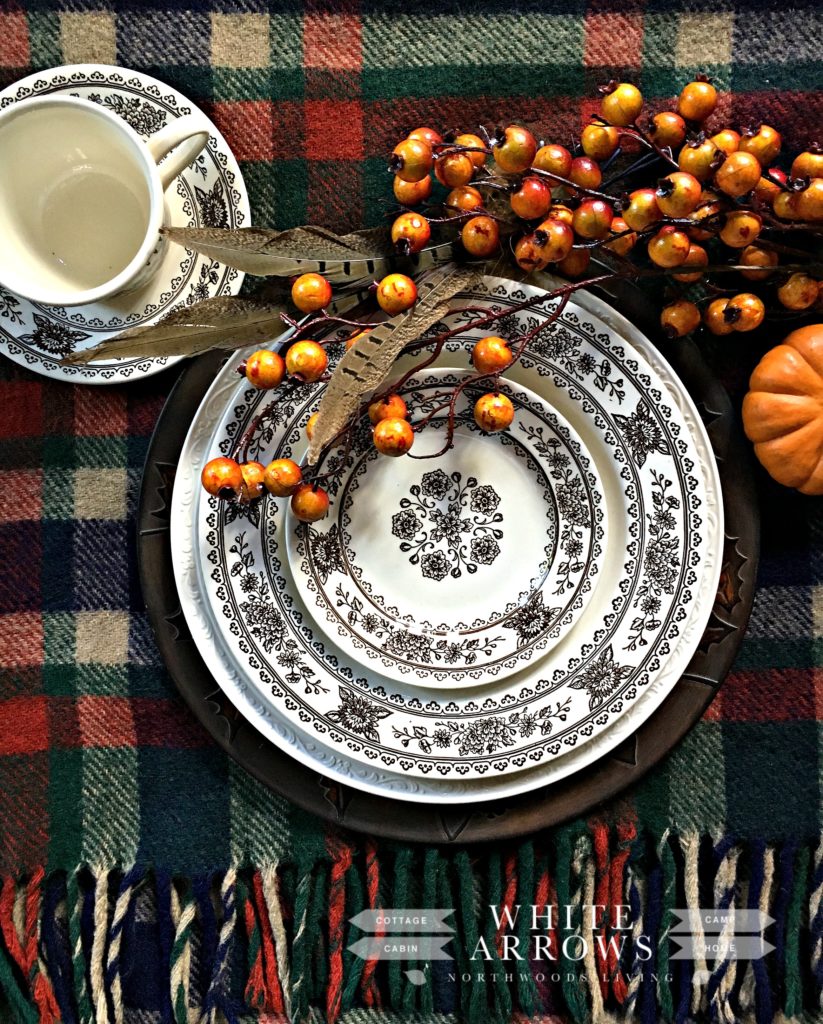 Plaid, transferware, fall tablesetting