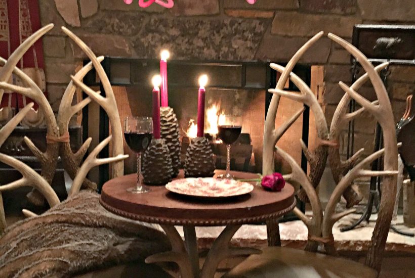 antler table, romantic dinner, Valentine's, date night, cabin, fireplace, log home, Valentine decor