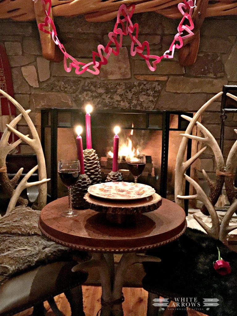 antler table, romantic dinner, Valentine's, date night, cabin, fireplace, log home, Valentine decor , candlelight dinner