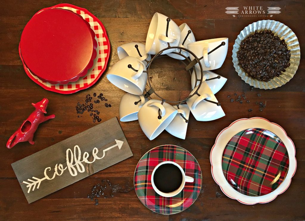 coffee, flatlay, coffee bar, mug rack, plaid dishes