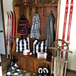 mud room, entry way, barn wood, buffalo plaid, vintage, vintage skis, vintage snowshoes, hall tree, vintage sled, rustic, rustic decor, Stormy Kromer, winter decor