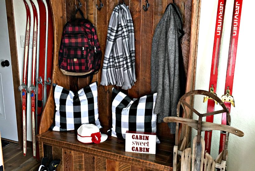 mud room, entry way, barn wood, buffalo plaid, vintage, vintage skis, vintage snowshoes, hall tree, vintage sled, rustic, rustic decor, Stormy Kromer, winter decor