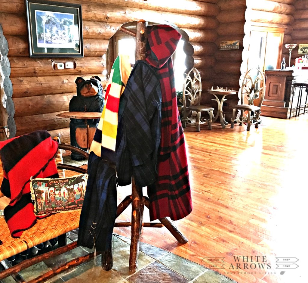 Mud Room, Entry Way, Vintage Plaid Jackets, Log Cabin, cabin, log home, hall tree, pendelton, woolwich, hudson bay, point blanket, rustic, rustic decor, camp style, cabin style