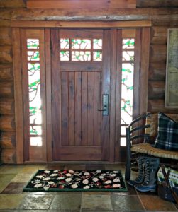 Front Door, Stained Glass, Log Cabin, cabin, entry way, slate tile, log home, rustic, craftsman door, hickory bench