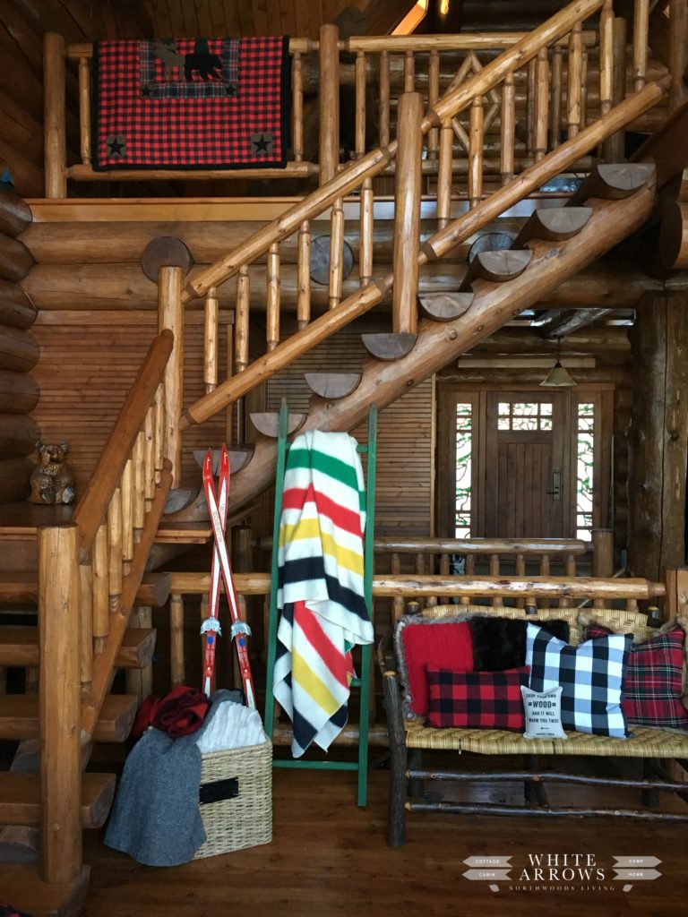 Hudson Bay, Pendleton, Rustic Decor, Wooden Ladder, Winter Decor, Cabin, Log Cabin, Log Home, Woodwork, Plaid, Staircase