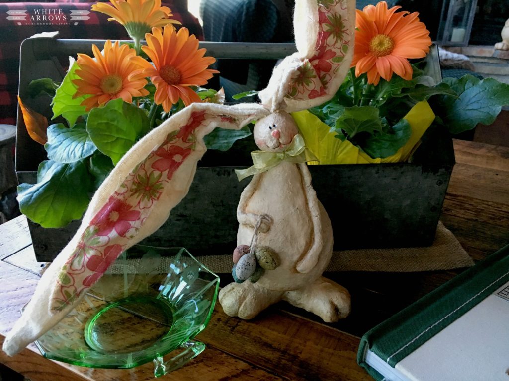 Easter Decor, Easter Bunny, Spring Decor, Vintage Green Glass Bowl, gerber daisies