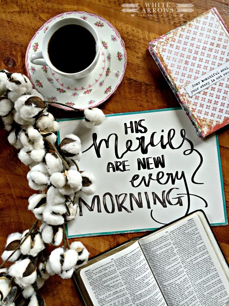 Faith, coffee cup, His Mercies are New Every Morning, Teacup, Vintage Cotton Wreath, Journal, gift ideas for women