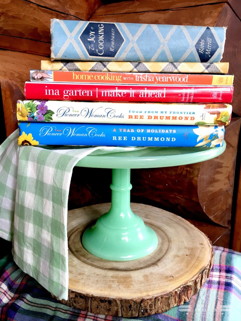 cookbooks, Pioneer Woman cookbooks, vintage cookbooks, cake stand, jadeite, jadeite cake stand, mother's day gift idea, mother's day