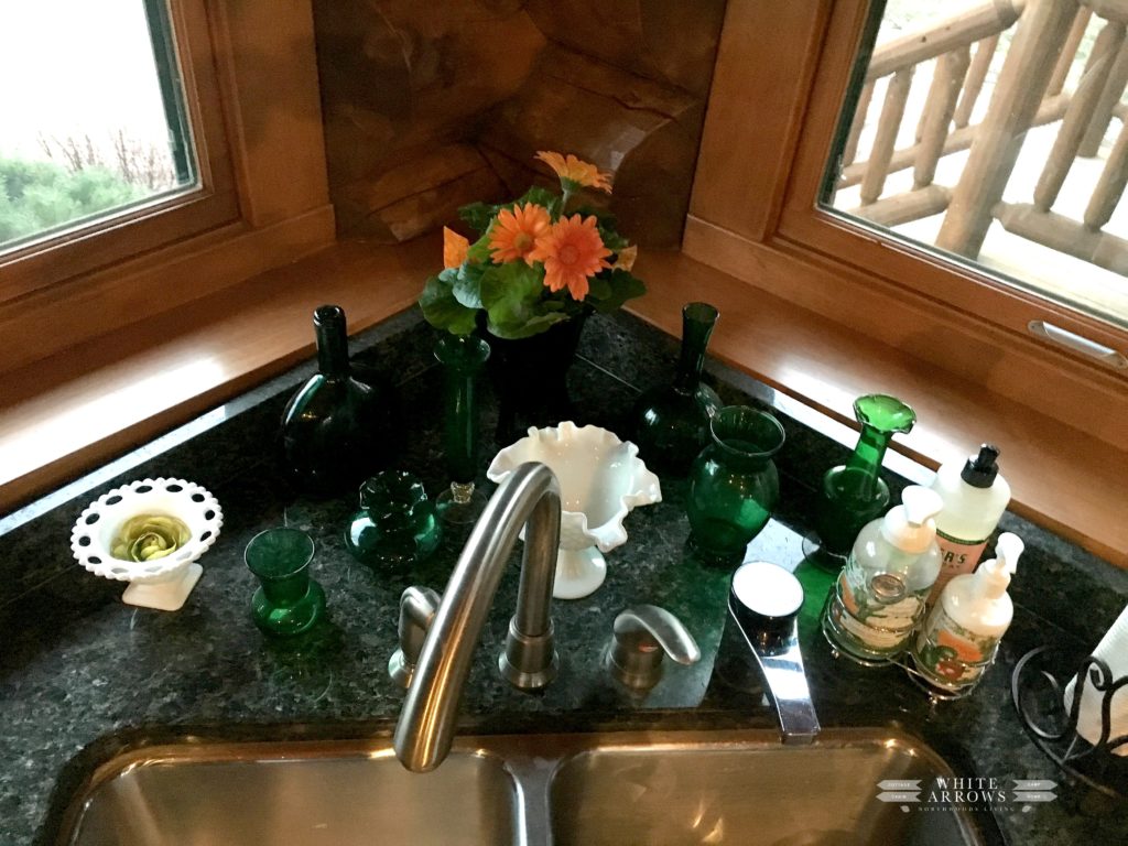 Kitchen Sink, Vintage Green Glass Vases, Cabin