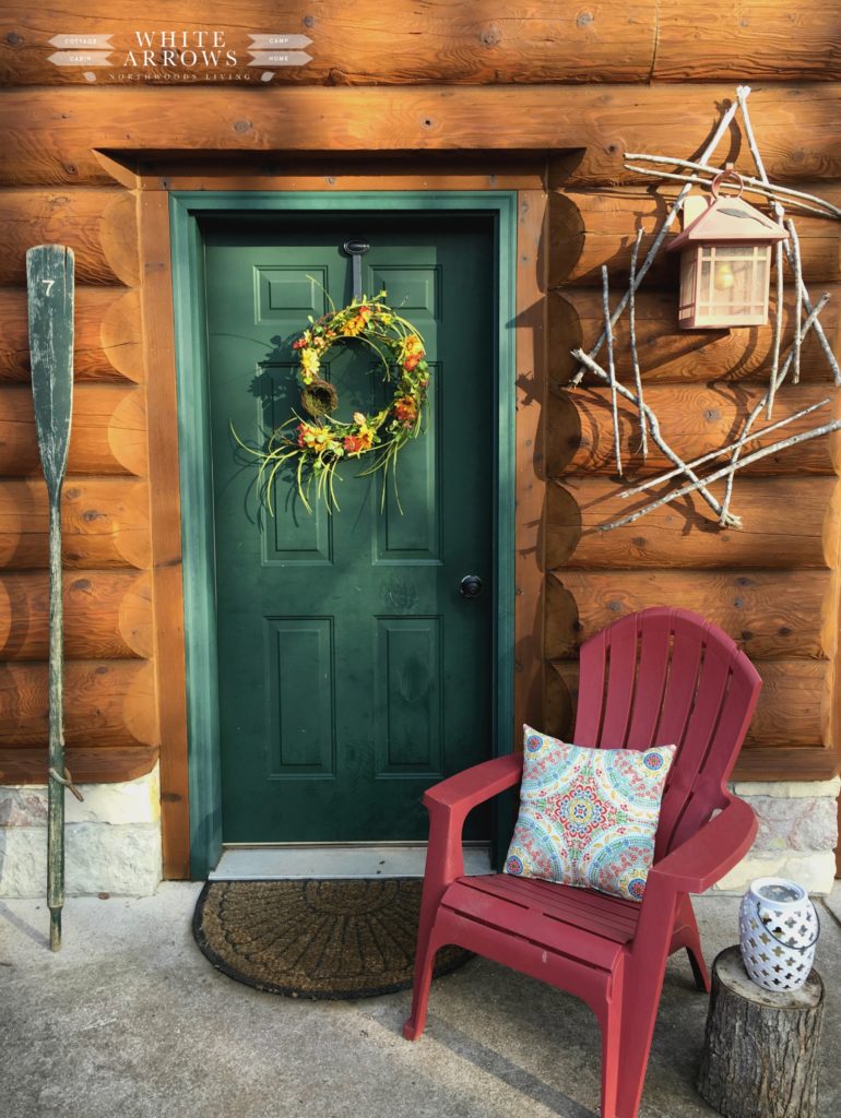 Spring Porch, Spring Decor, Log Cabin, Cabin Decor, Cabin Style, Adirondack Chair, Flower Wreath, Vintage, Vintage Oar
