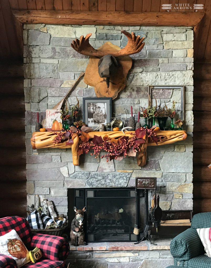 Autumn Decor, Log Cabin Great Room, Stone Fireplace, Wooden Moose Mount