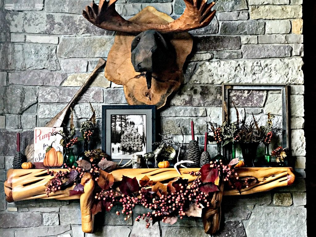 Autumn Decor, Log Cabin Great Room, Stone Fireplace, Cabin, Fall Decor