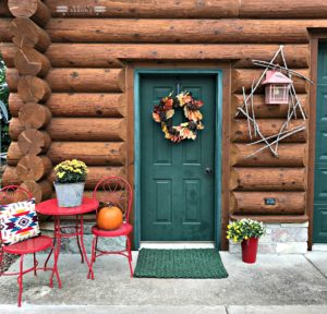 Autumn Decor, Fall Decor, Log Cabin, Cabin, Porch, Bistro Table, Fall Wreath, Green Door