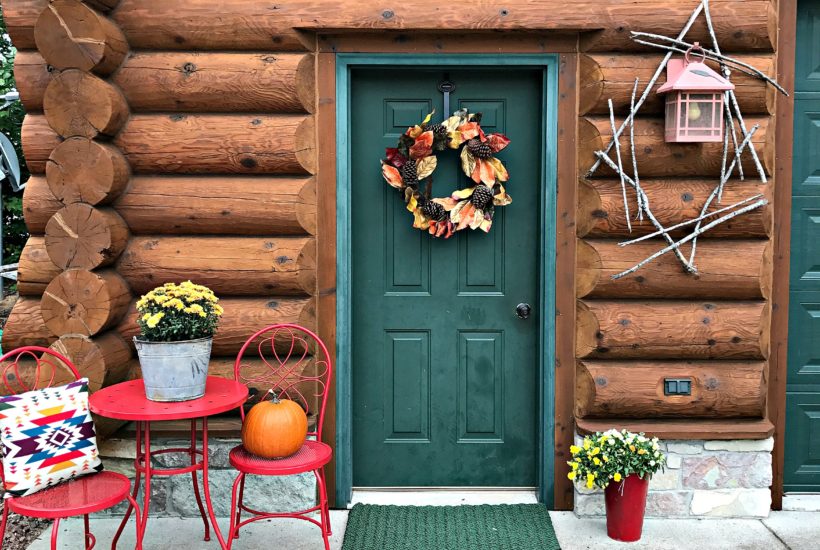 Autumn Decor, Fall Decor, Log Cabin, Cabin, Porch, Bistro Table, Fall Wreath, Green Door
