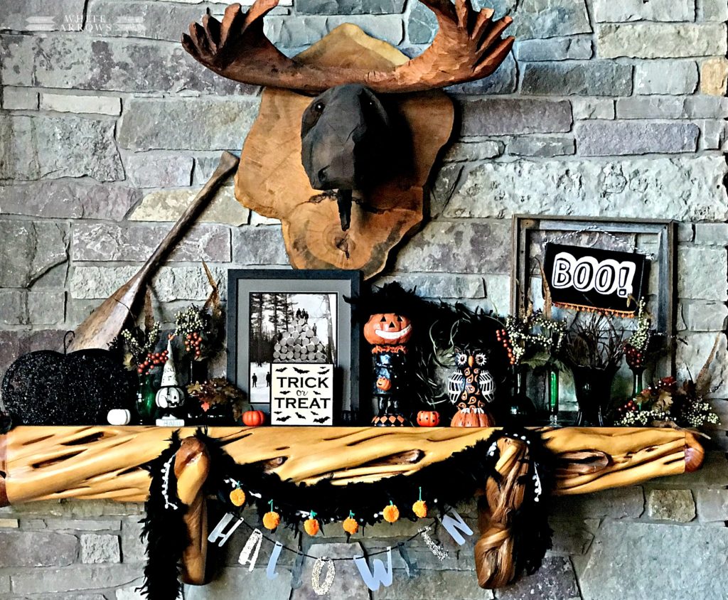 Halloween Mantle Decor, carved moose head, halloween decor, log cabin, cabin