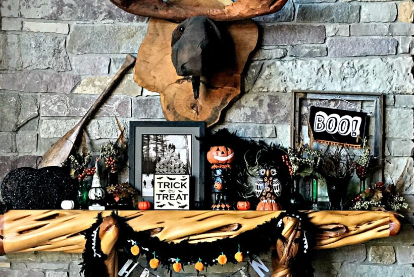 Halloween Mantle Decor, carved moose head, halloween decor, log cabin, cabin