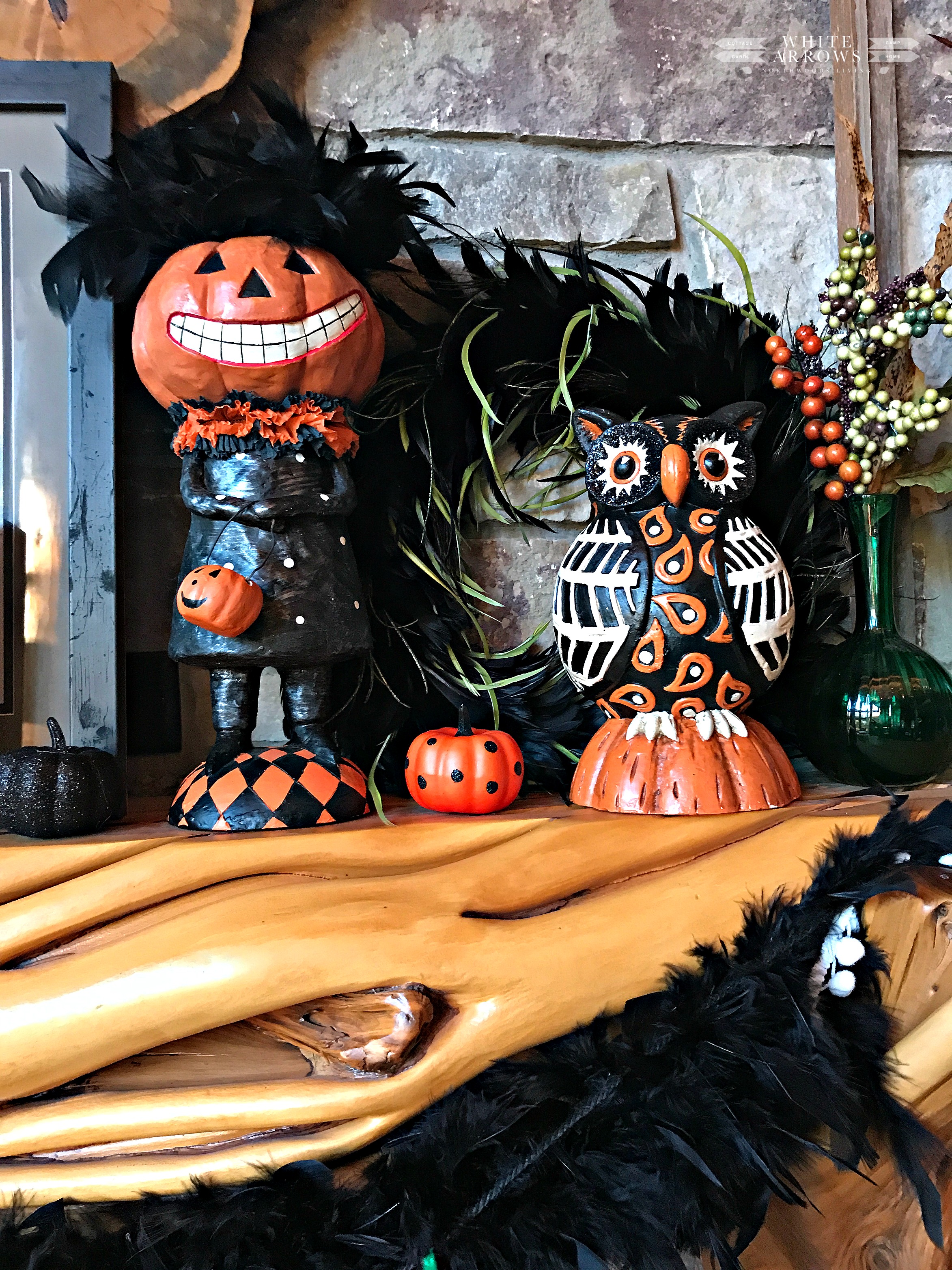 Halloween Mantle Decor, halloween decor, log cabin, cabin