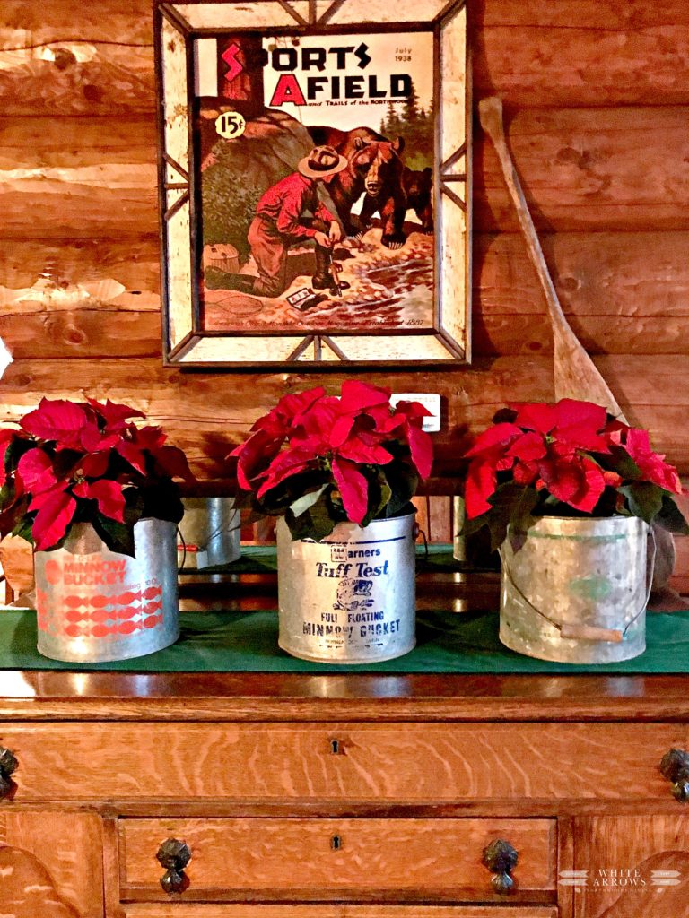 lake house, Christmas Decor, Minnow bucket, Poinsettia, Rustic Decor, Log Cabin, Cabin, Cabin Style, Cabin Decor