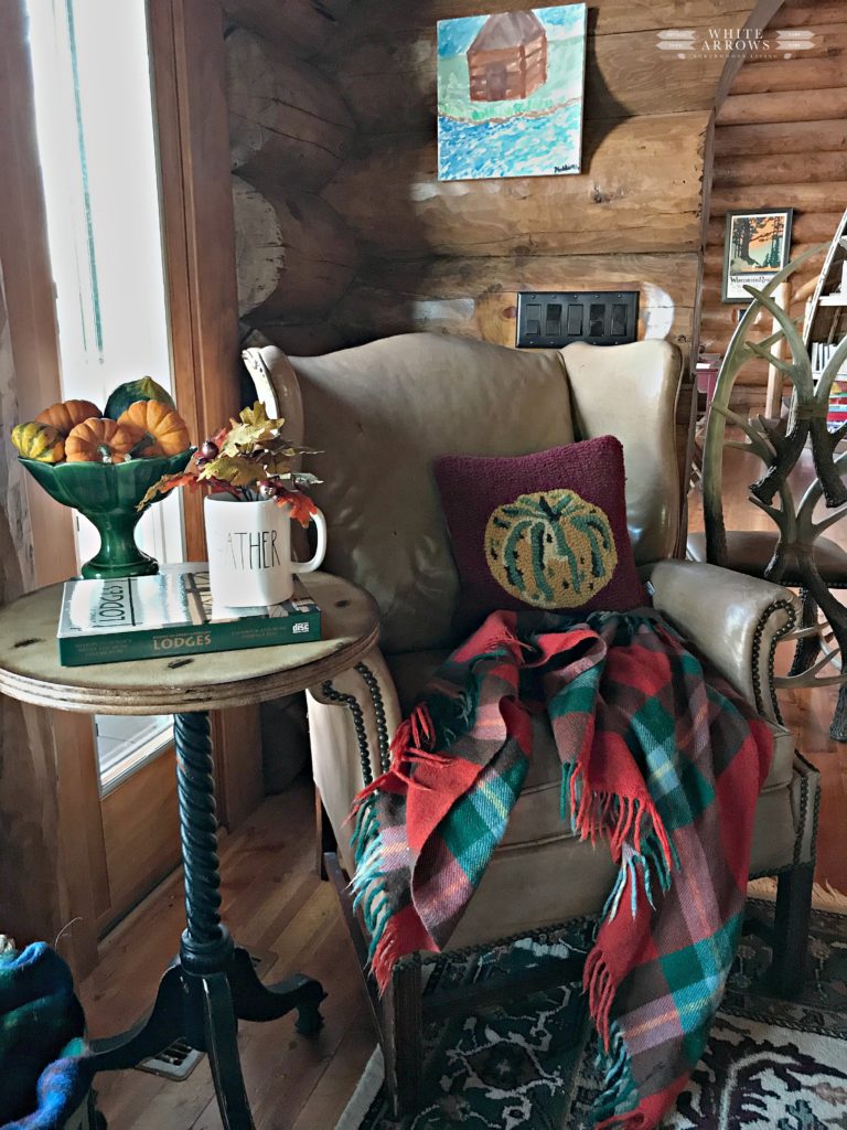 Leather Chair, Thanksgiving Decor, Fall Decor, Plaid Blanket, Rustic Decor, Log Cabin, Cabin Decor