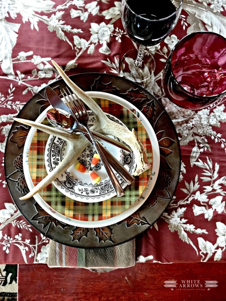 Rustic Decor, Antique, Pier One Fox, Fall Decor, Autumn Decor, Thanksgiving Decor, Thanksgiving Table, Thanksgiving Tablescape, Pacesetting, Antler Decor, Plaid Dishes