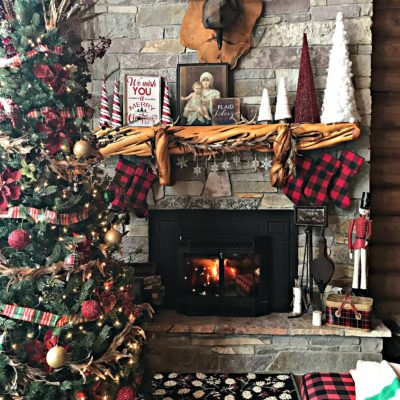 Christmas Mantel- Buffalo Plaid Stockings and Rustic Decor