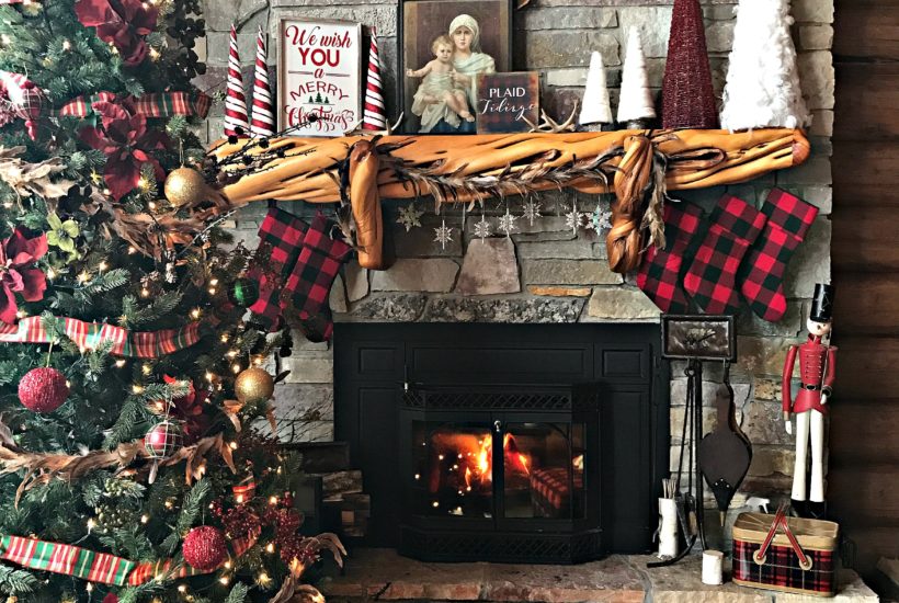 Christmas Mantle, Log Cabin, Cabin, Buffalo Plaid, Rustic Christmas, Stone Fireplace