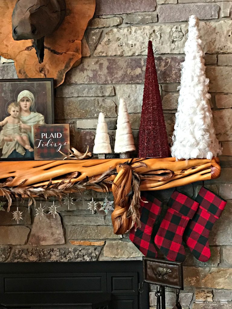 Christmas Mantle Decor, Trees, Log Cabin, Buffalo Plaid, Buffalo Plaid Stockings, Rustic Decor