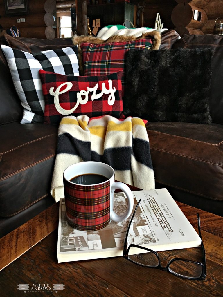 winter decor, cabin, cozy, hygee, plaid decor, pendelton, cabin living