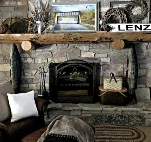 Winter Decor, Rustic Decor, log cabin, cabin decor, stone fireplace, Minocqua, Vintage picnic baskets, neutral decor
